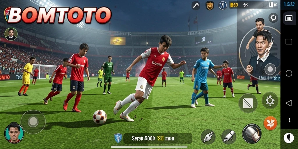 Tangkapan layar gameplay BOMTOTO menampilkan aksi seru di lapangan sepak bola.