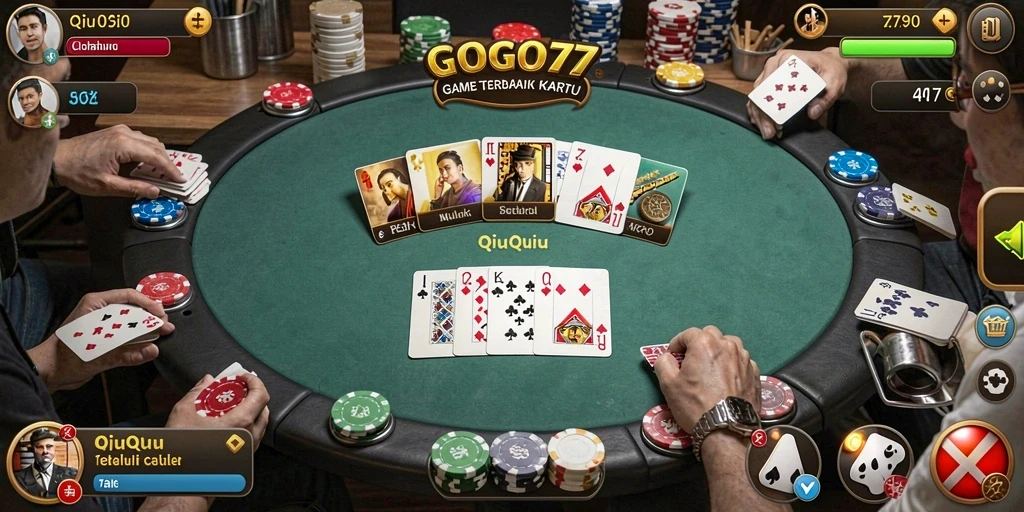 Screenshot gameplay seru GOGO77 menunjukkan aksi QiuQiu yang mendebarkan.