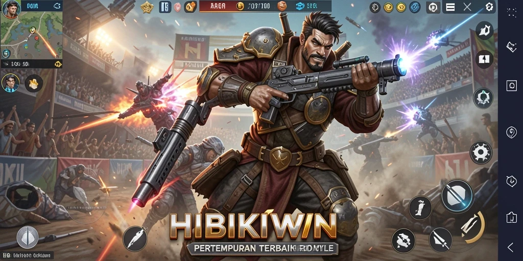 Tampilan gameplay HIBIKIWIN dengan aksi pertempuran intens.
