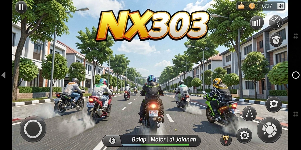 Screenshot utama NX303 menampilkan balapan motor yang mendebarkan.