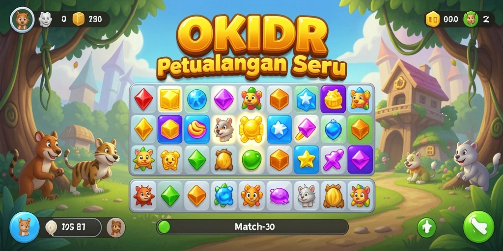 Tampilan gameplay OKIDR yang mengasyikkan dengan tantangan Match-3.