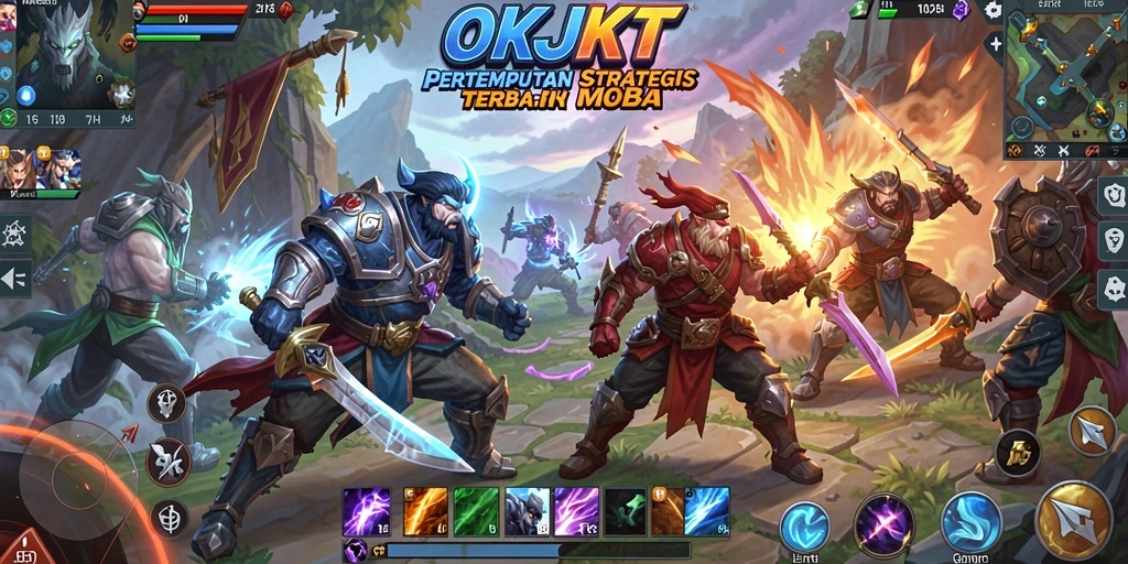 Tampilan gameplay MOBA seru di OKJKT dengan aksi pertempuran intens.